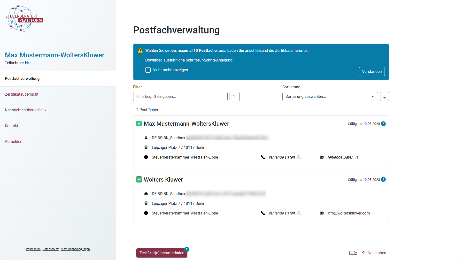 Steuerberaterplattform - Zertifikate