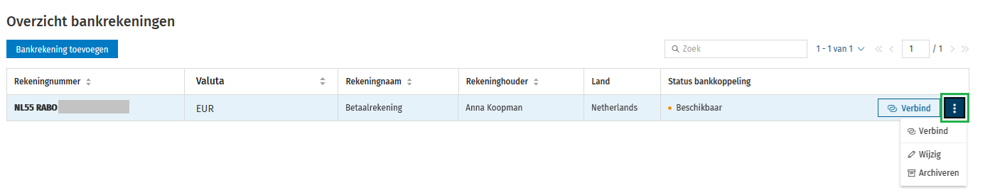 Bankrekeningen actiemenu