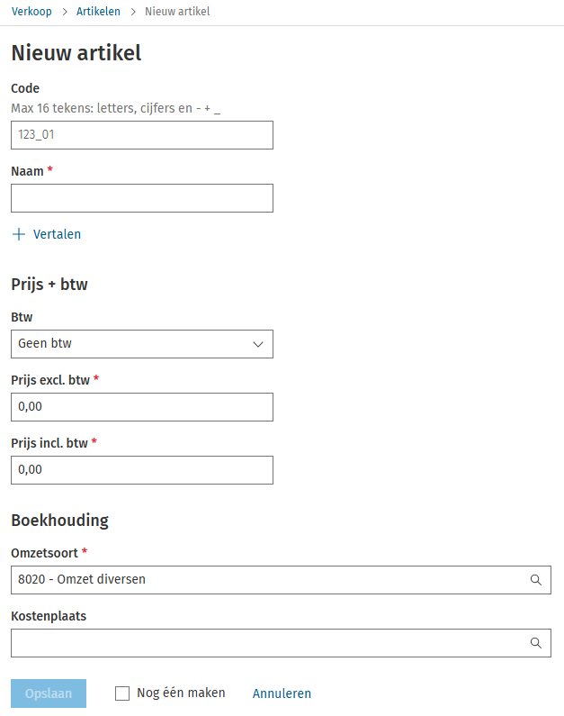 Verkoop artikel opties