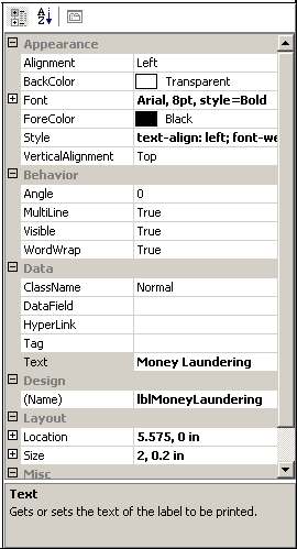 Report Properties area