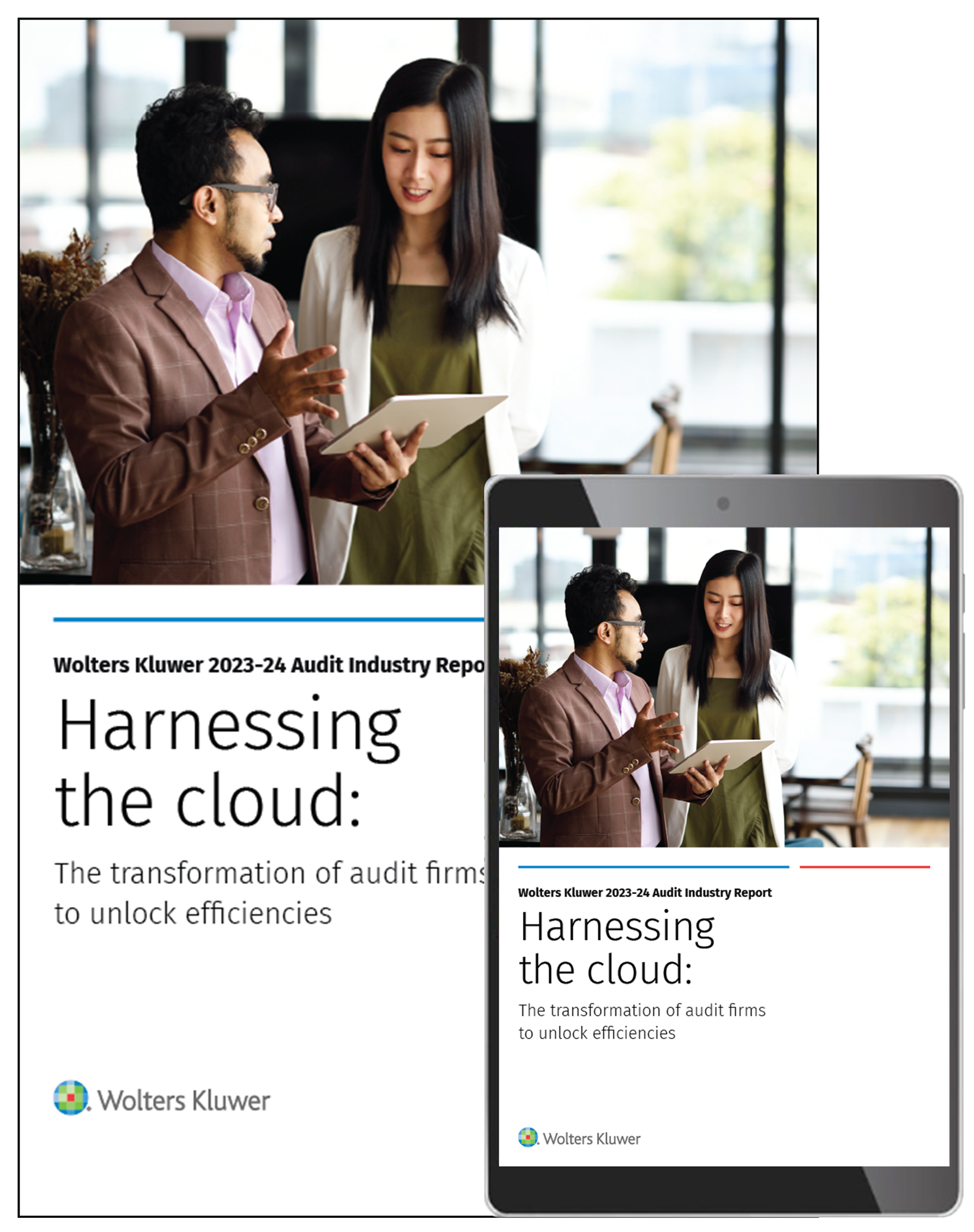 2023-24 Wolters Kluwer Audit Industry Report cover, shown as book and on a tablet screen