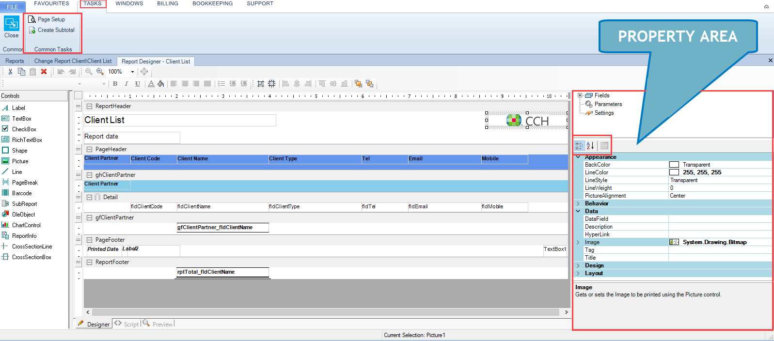 Smart reports - Smart Reports - report designer tab - task bar.PNG