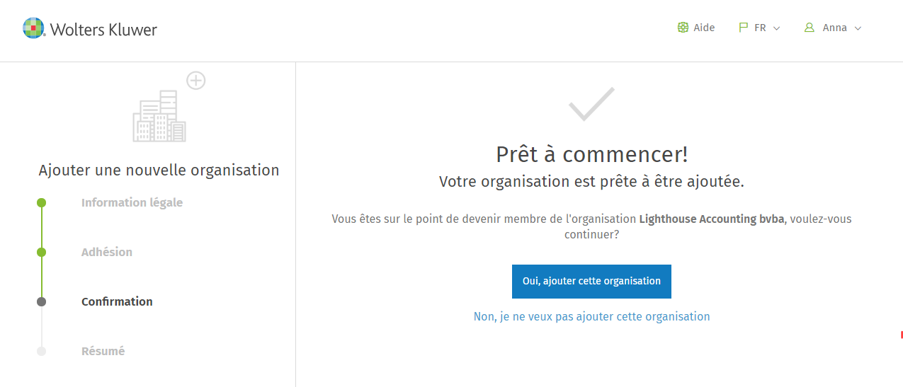 Confirmation de votre organisation