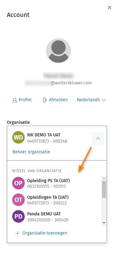 Hoe switch ik tussen organisaties in mijn Wolters Kluwer TAA Software Account? (3)