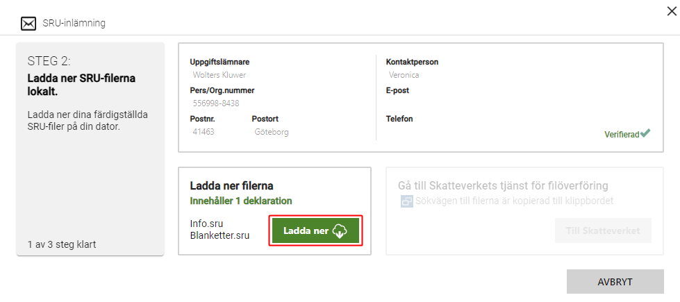 Inlämningsdelen av deklarationer i Capego3