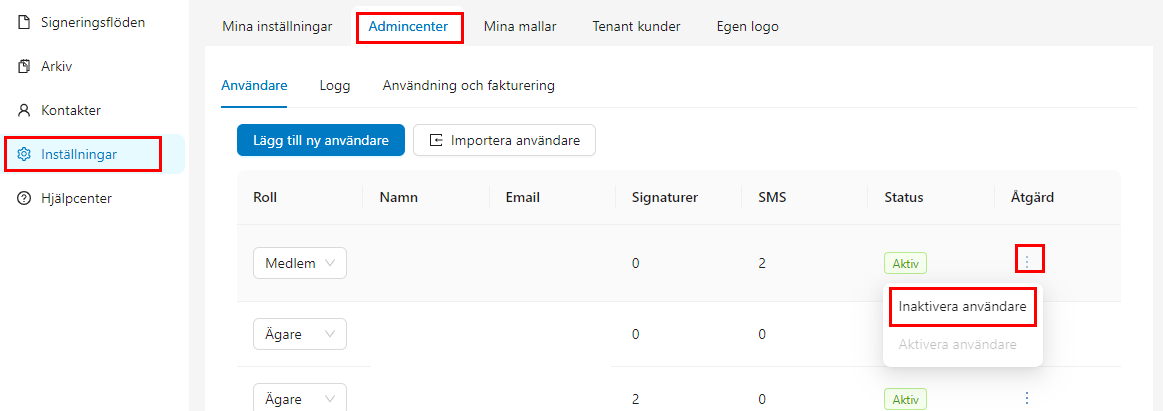 Illustration som visar hur användare inaktiverar en användare i Capego SmartSign