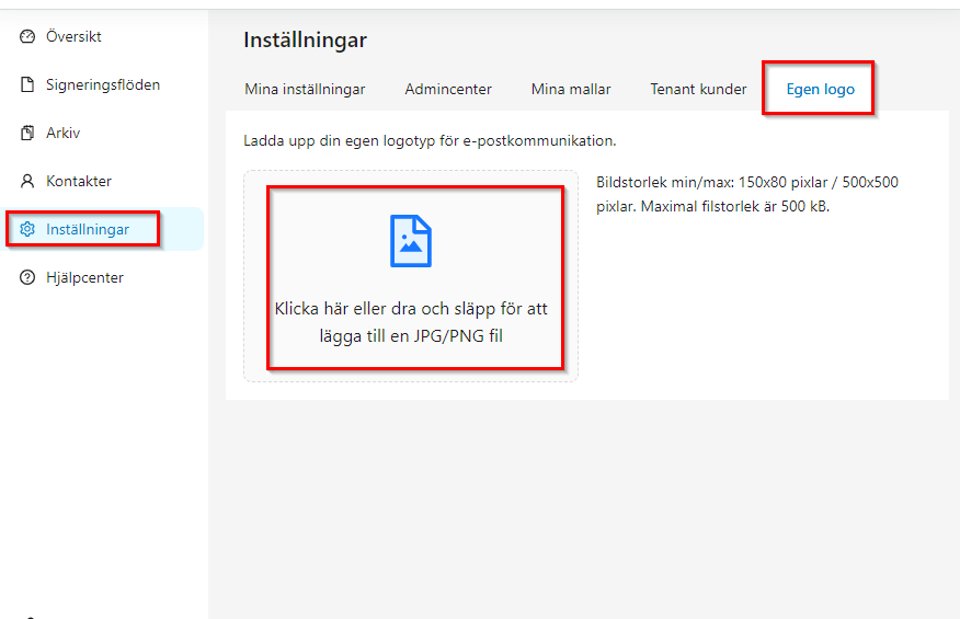 Illustration som visar hur egen logotyp för e-postkommunikation laddas upp.