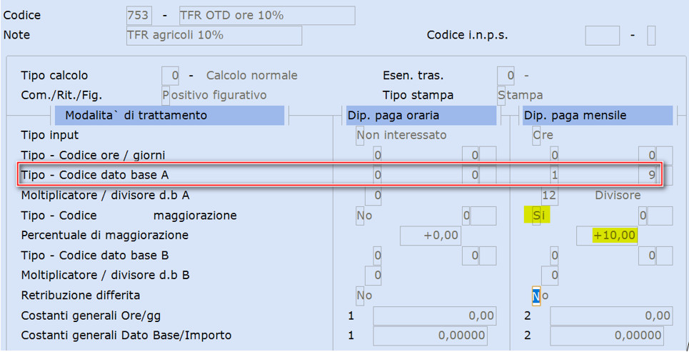 Codice di corpo TFR al 10% ore non ordinarie