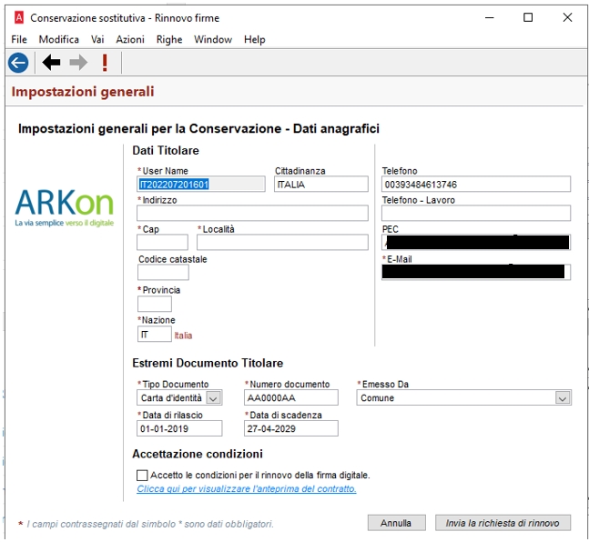 Inserimento dati per rinnovo firma