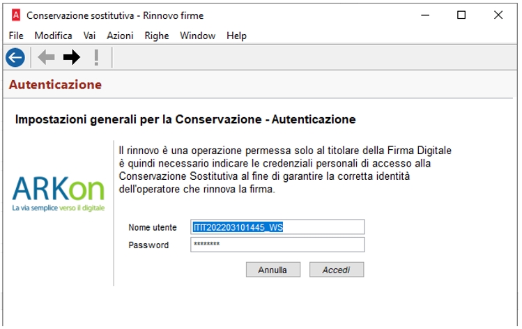 Form di autenticazione per rinnovo firme arkon