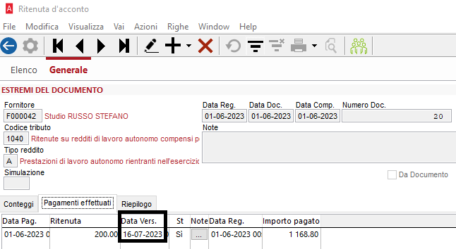 data versamento ritenuta acconto