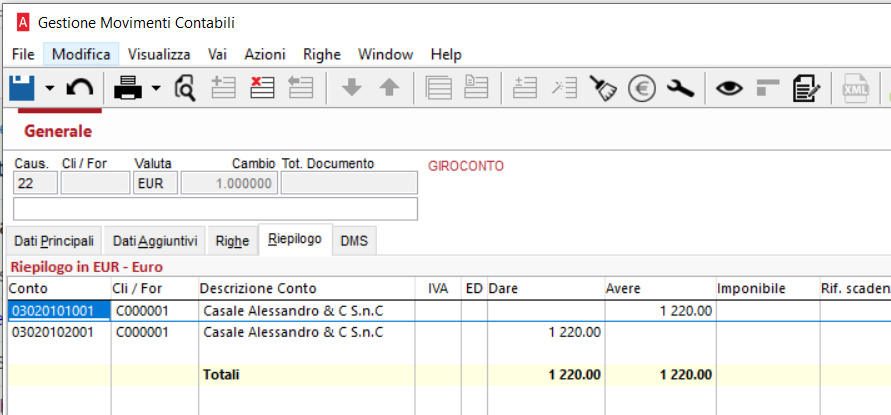 giroconto per cambio di mastro o conto di appartenenza