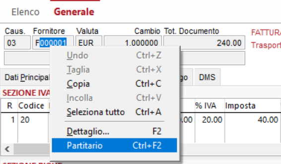 partitario attivando il menù contestuale - tasto destro del mouse