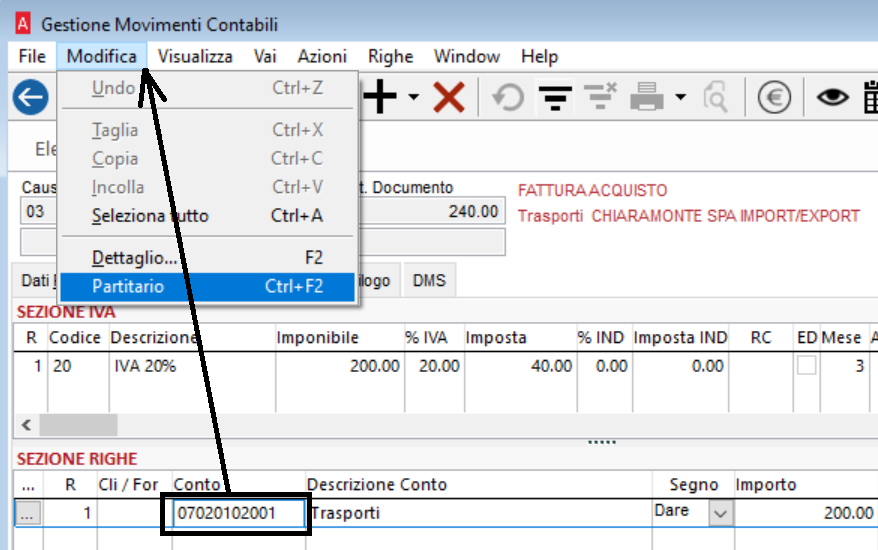 Partitario cliccando su modifica