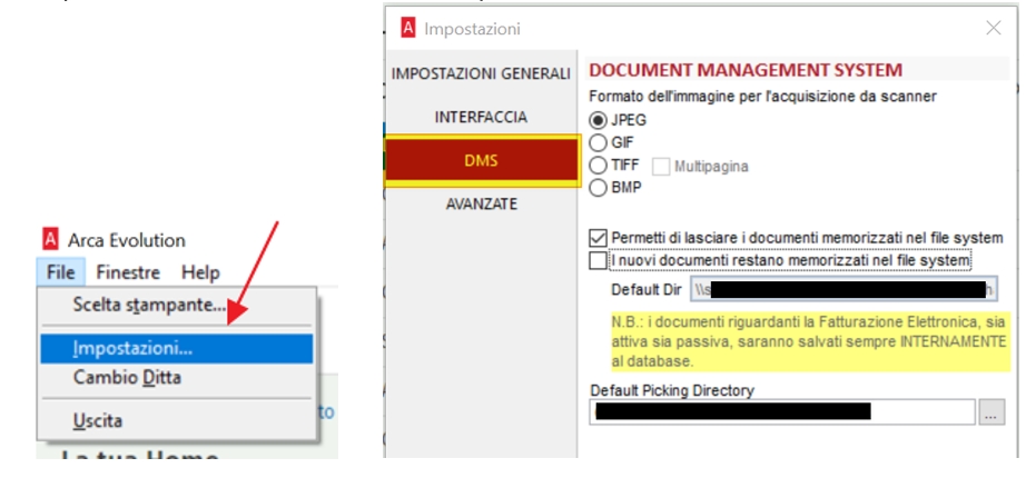 Impostazioni per l'acquisizione di un file nel Dms