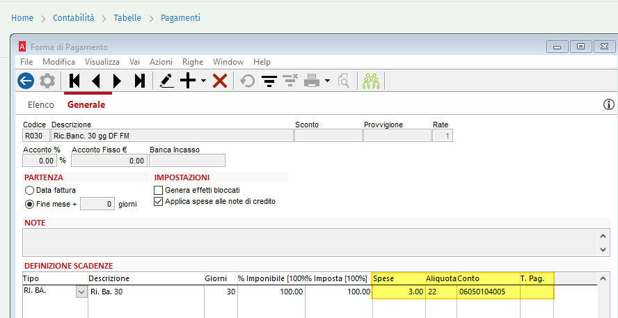 Tipologia pagamento spese incasso