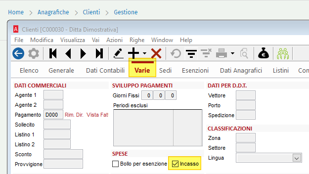 Anagrafica sezione Varie per attivazione spese incasso