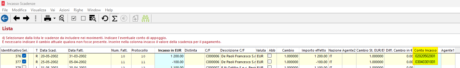 Lista scadenze conto incasso