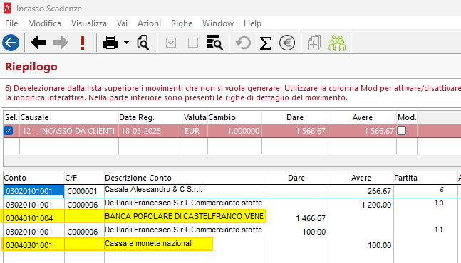 Incasso scadenze raggruppamento