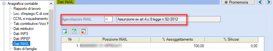Anagrafica dipendente, sezione DATI INAIL