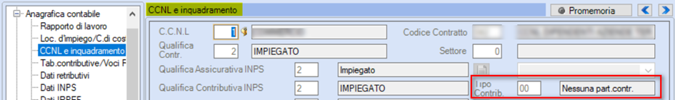 Anagrafica dipendente, se zione CCNL e INQUADRAMENTO
