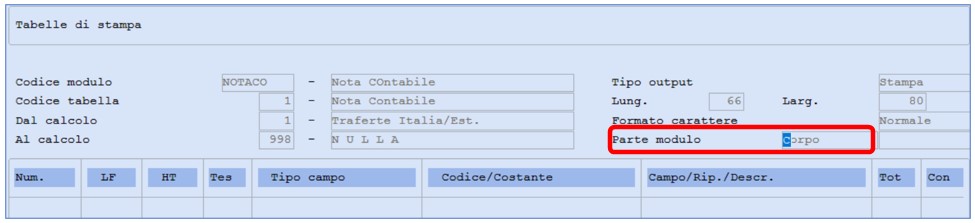 nota contabile tabelle di stampa corpo