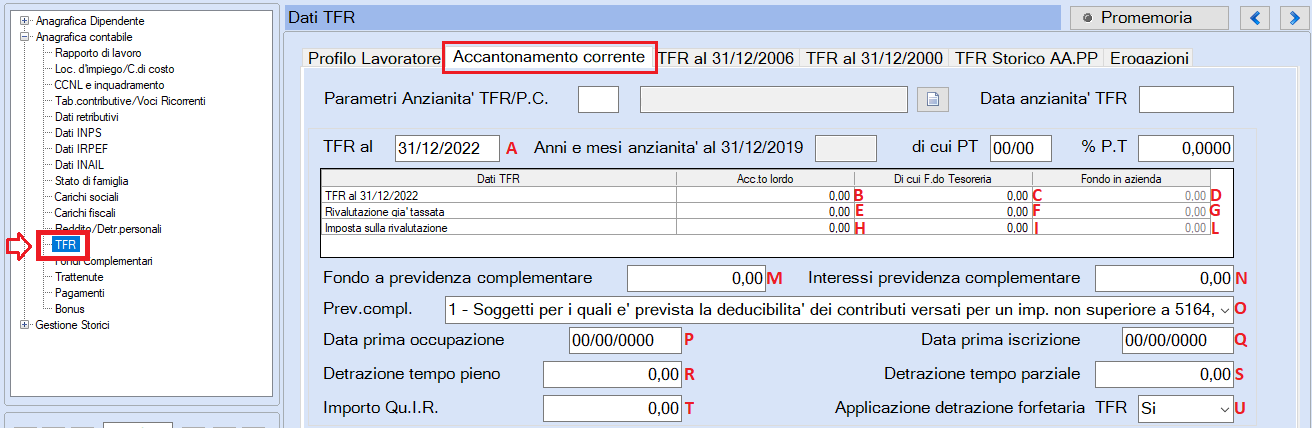 dipendente TFR Accantonamento Corrente al 31/12
