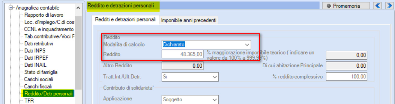 Anagrafica dipendente, sezione redditi