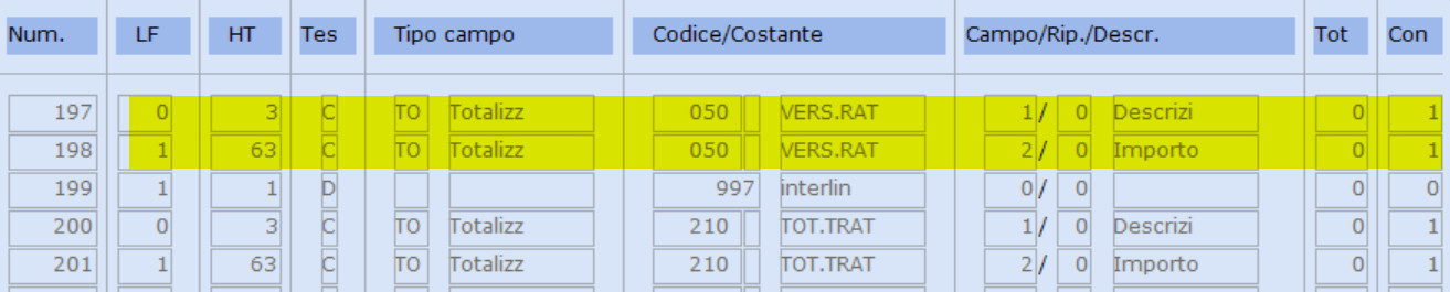 Inserimento del nuovo totalizzatore (es. 50) nelle tabelle di stampa