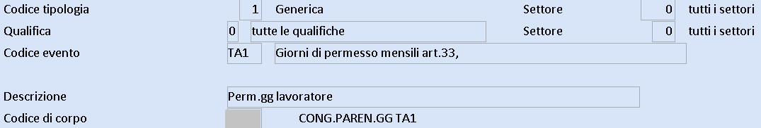 Tabella codici di corpo altri eventi, abbinamento TA1