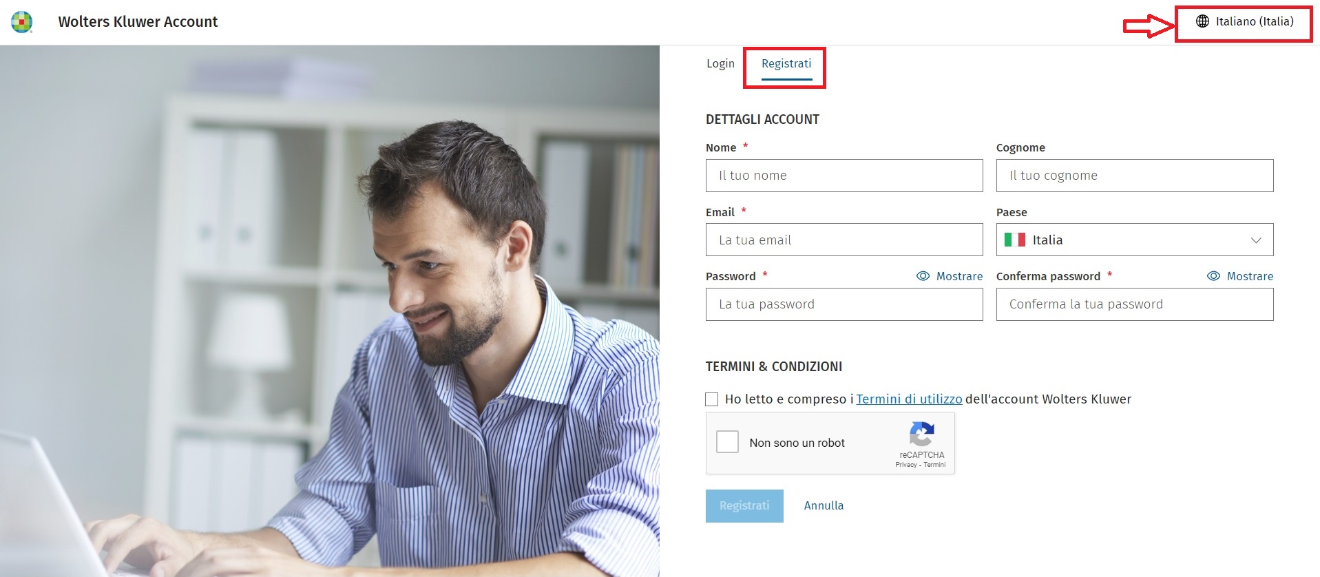 Pagina di registrazione