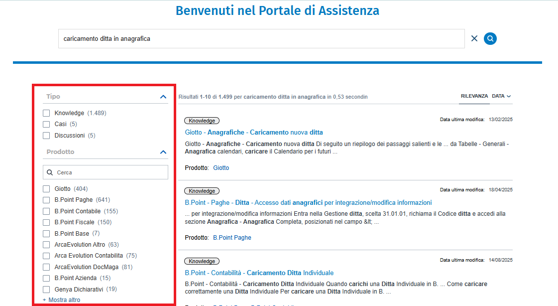 filtri barra di ricerca Portale di Assistenza