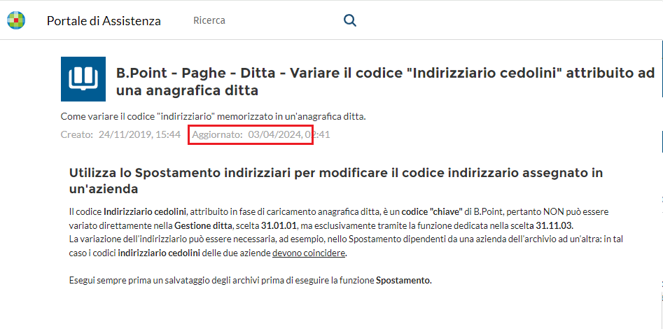 aggiornamento articolo - Portale di Assistenza