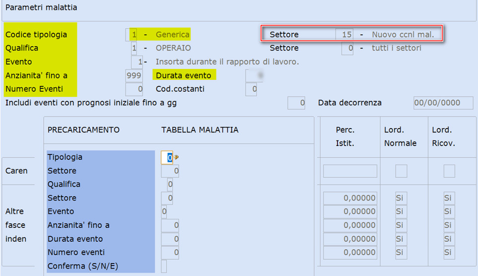 Precaricamento tabella malattia
