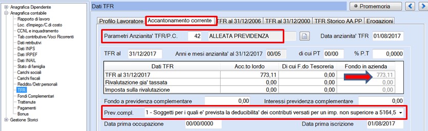 Anagrafica dipendente sezione TFR Accantonamento corrente