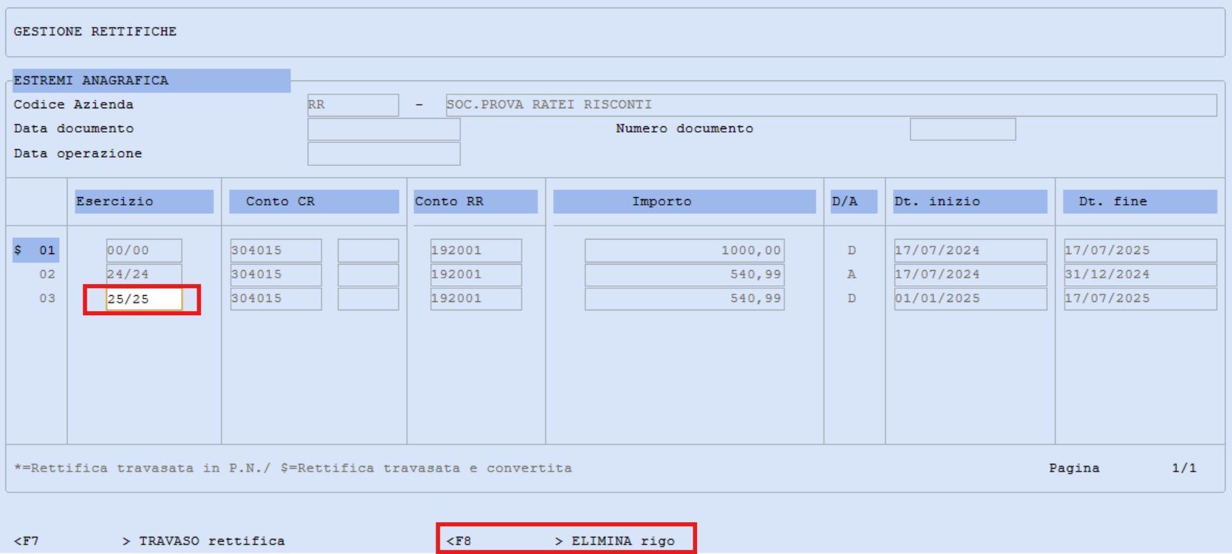 funzione eliminazione rigo rettifiche
