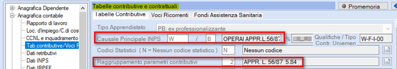 Raggruppamento parametri contributivi con la tabella Raggruppamento gestita in archivio per gli apprendisti L.56/87