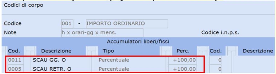 Codice corpo Retribuzione ordinaria accumulatori SCAU