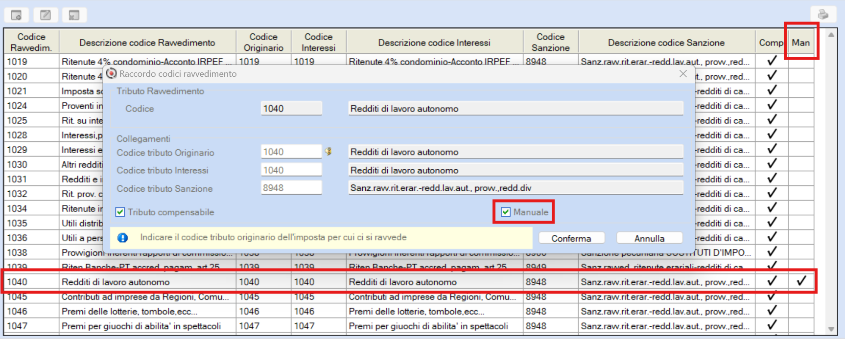 impostazione gestione ravvedimento manuale