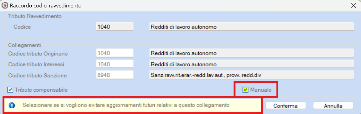 messaggio impostazione gestione ravvedimento manuale