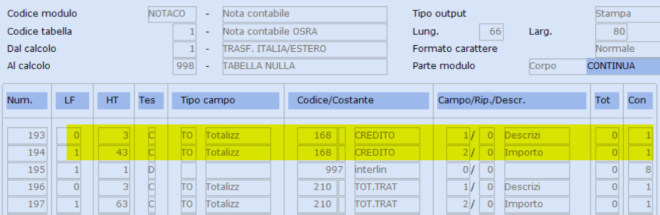 modifica tabelle di stampa: aggiunta righi