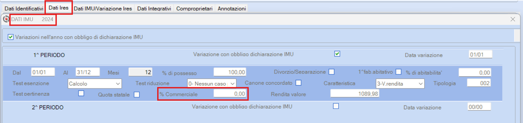 impostazione della %commerciale