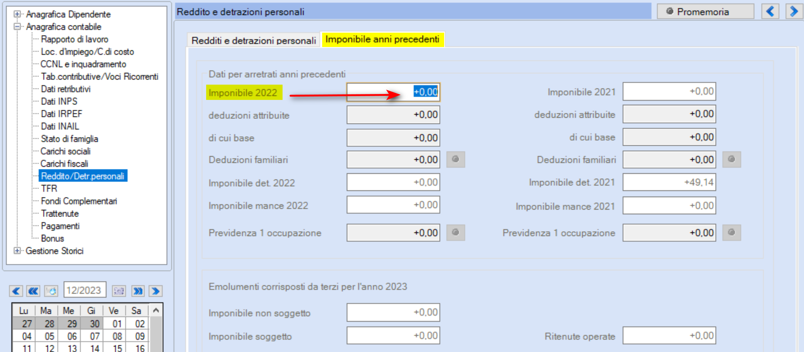 Dipendente imponibile anni precedenti