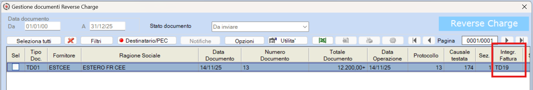 Integrazione fatture in reverse charge TD19