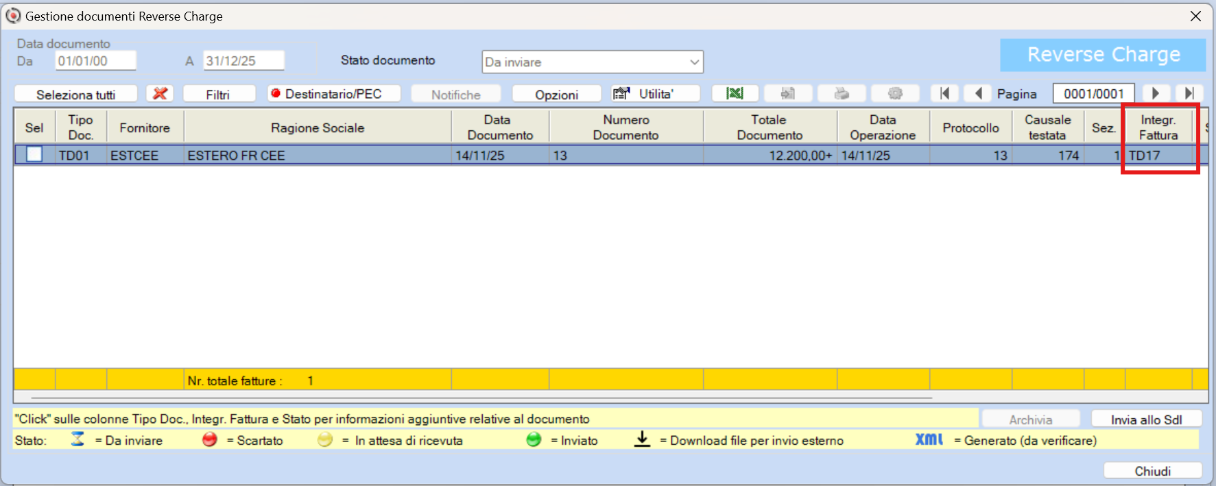 Integrazione fatture in reverse charge TD17