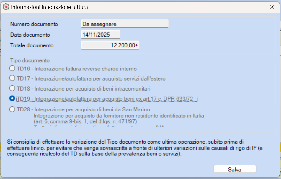 variazione TD - Integrazione fatture in reverse charge TD17