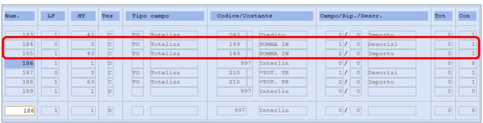 tabella di stampa totalizzatore