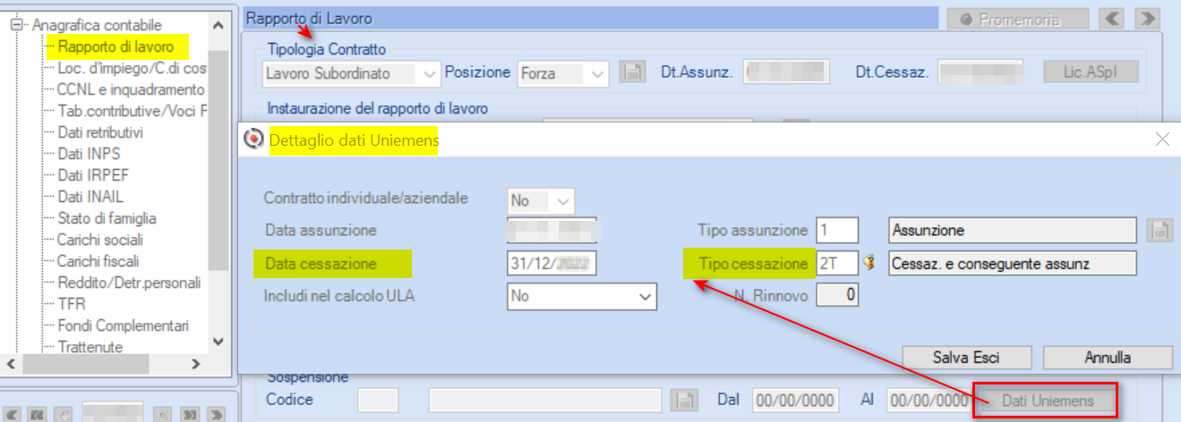 Dati Uniemens lavoratore tipo cessazione 2T
