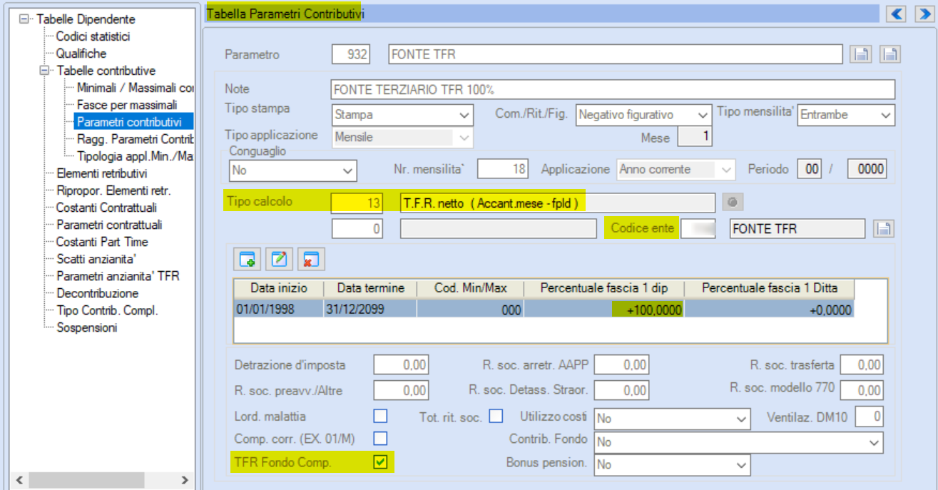 parametro TFR 100% fondo complementare