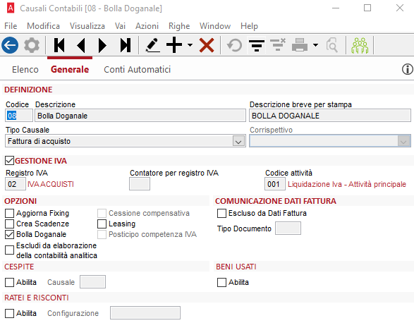 causale contabile della bolletta doganale